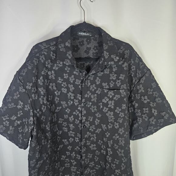 INCERUN Men's Black Floral Jacquard Short-Sleeved Button-Down Shirt XL - Picture 2 of 7